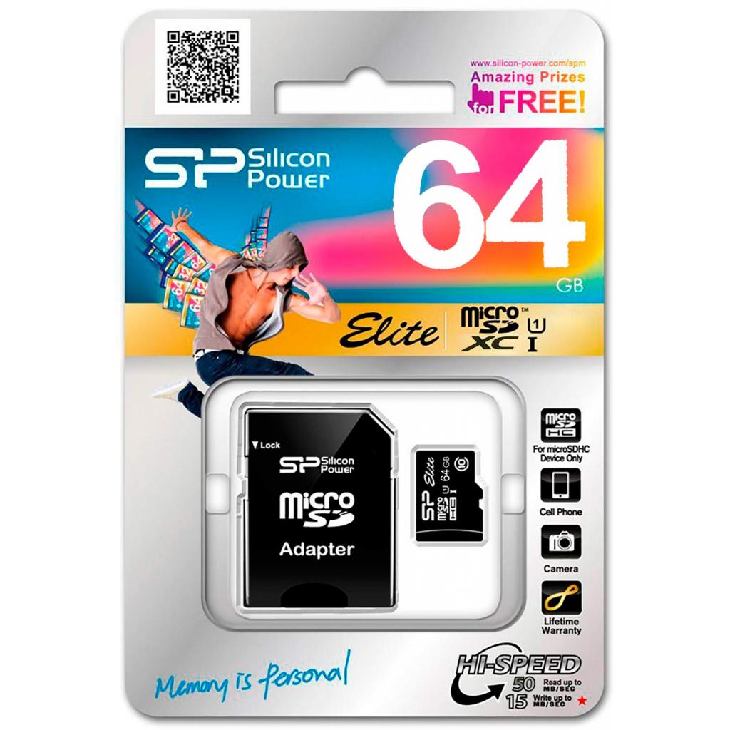 Silicon Power 64GB microSDXC Class 10 UHS-ISDR (SP064GBSTXBU1V10SP) Обсяг пам'яті: 64 Gb; Стандарт
