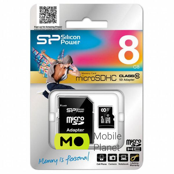 Silicon Power 8GB microSD class 10 (SP008GBSTH010V10SP) (UA) Тип карти пам'яті: microSD; Обсяг