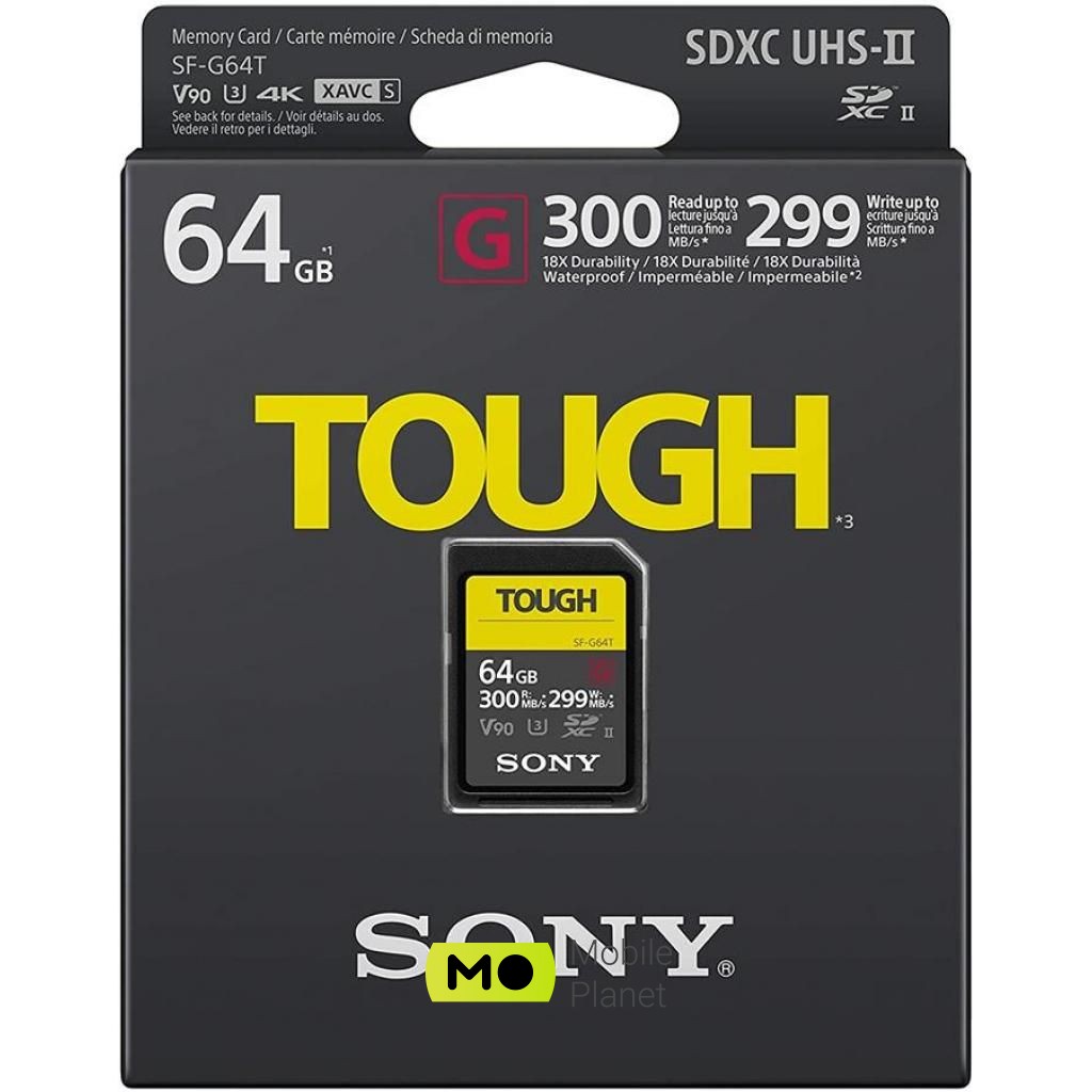 SONY 64GB SDXC class 10 UHS-II U3 ​​V90 Tough (SF64TG) (UA) Обсяг пам'яті: 64 ГБ; Клас карти: