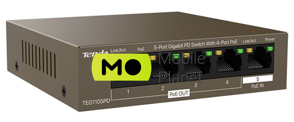 Tenda TEG1105PD 5-Port Gigabit PoE-IN/PoE-OUT Extender (1in/4out) (TEG1105PD) (UA) Швидкість інтерфейсу Ethernet RJ-45 10/100/1000 Мбіт /с