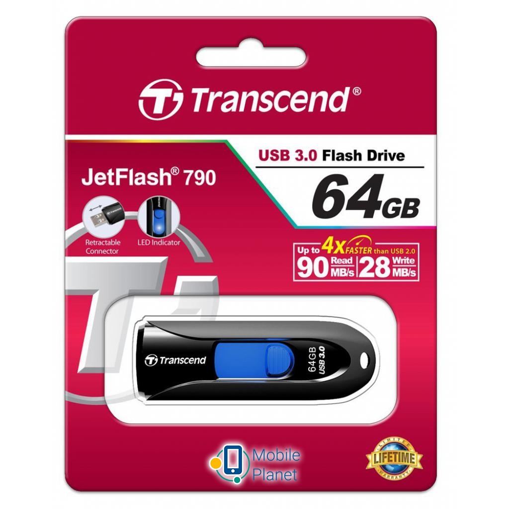 Transcend 64GB JetFlash 790 USB 3.0 (TS64GJF790K) (UA) Тип: З висувним USB,