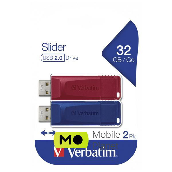Verbatim 2x32GB Store'n'Go Slider Red/Blue USB 2.0 (49327) (UA) Тип: Класичні; Об'єм пам'яті: 2x32 Gb;