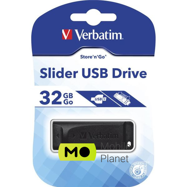 Verbatim 32GB Slider Black USB 2.0 (98697) (UA) Тип: З висувним USB; Обсяг пам'яті: