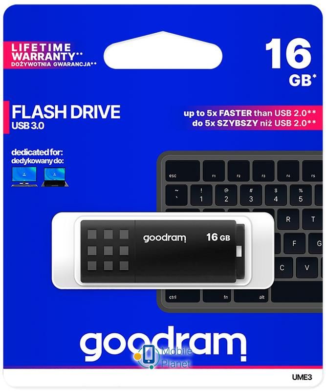 3.0 16GB GOODRAM UME3 Black (UME3-0160K0R11) Обсяг пам'яті: 16 ГБ; Швидкість