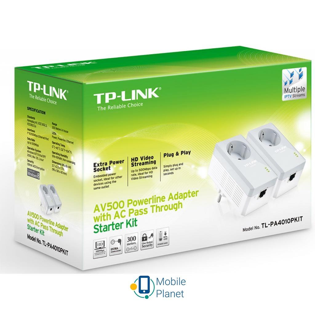 Адаптер Powerline TP-Link TL-PA4010P KIT Швидкість передачі даних: до 500