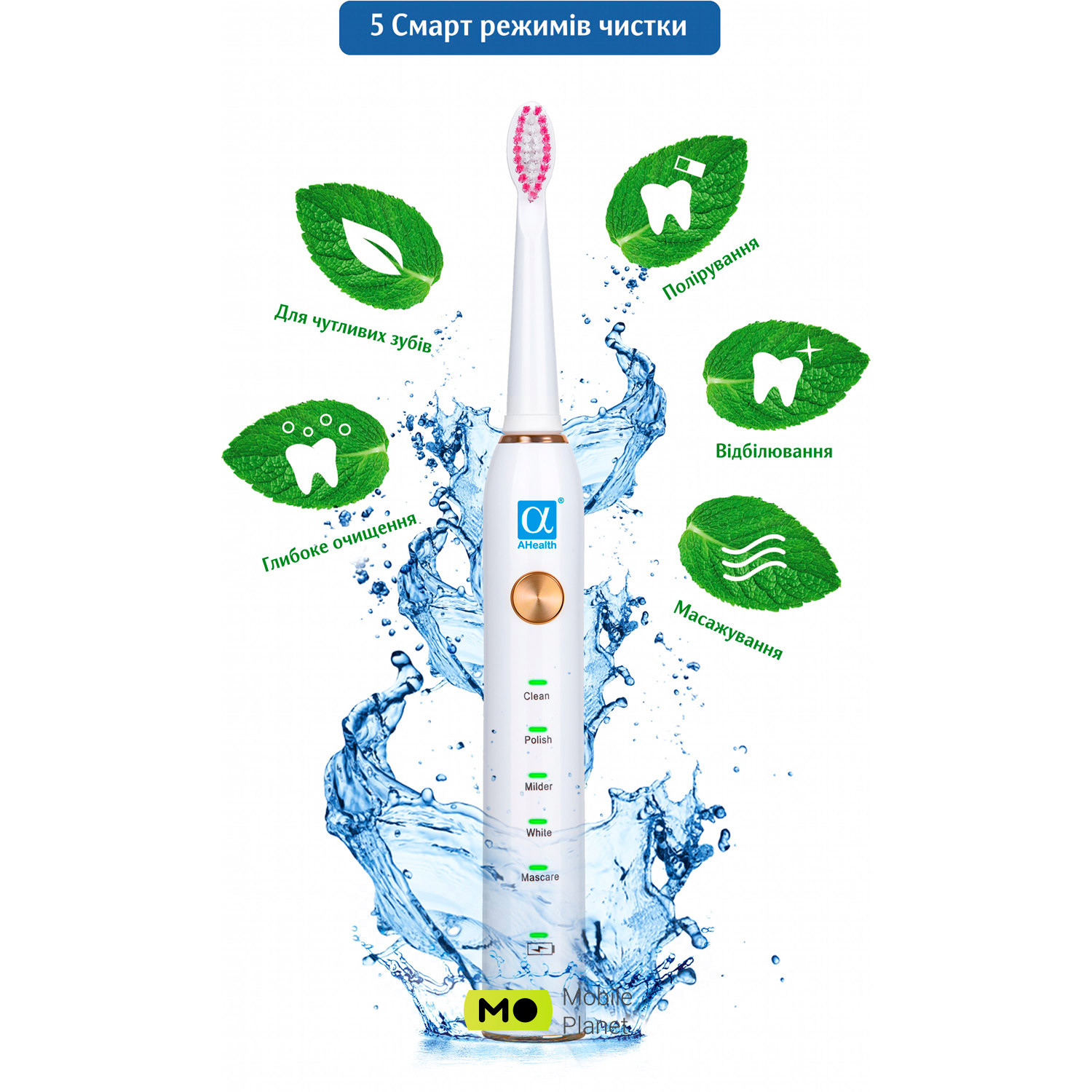 AHEALTH Smart Sonic Smile 1 White (UA) Режимы работы щётки ежедневный; массаж; мягкая чистка; отбеливание