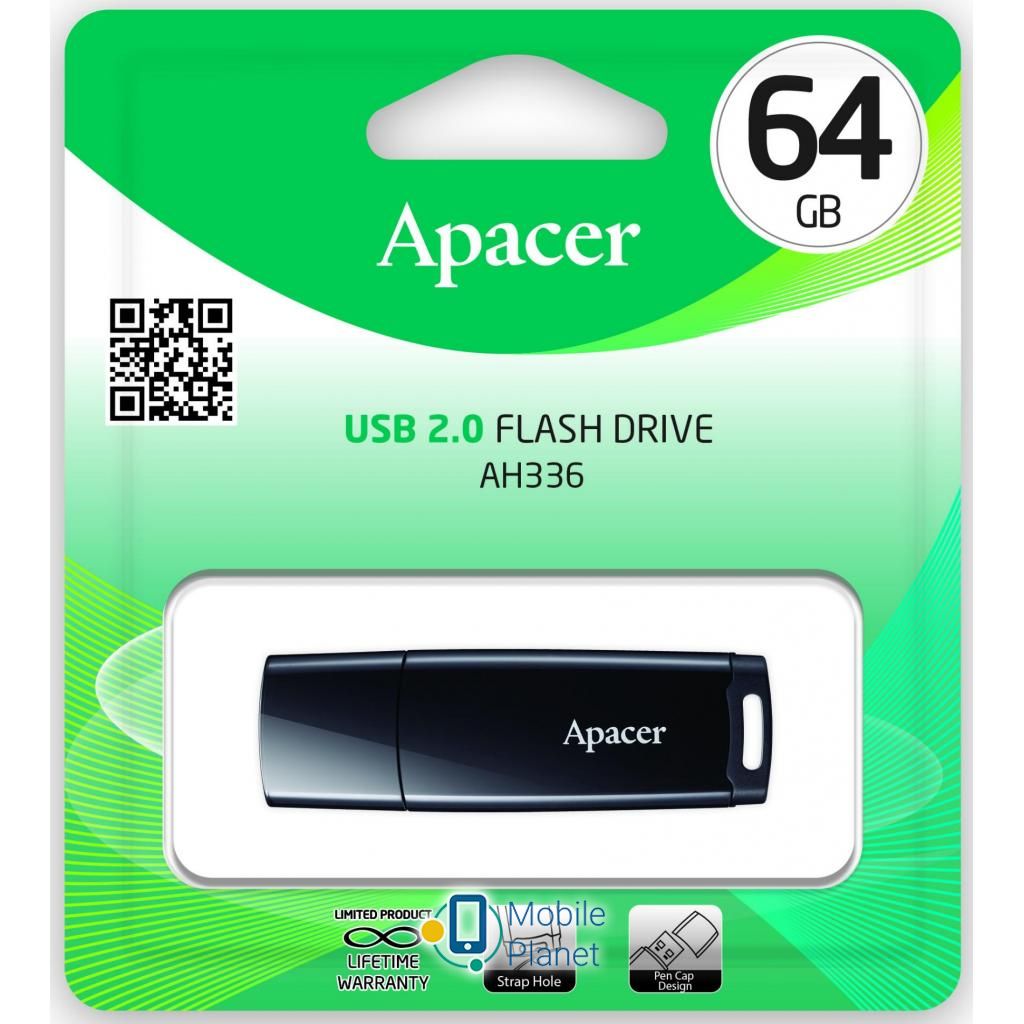Apacer 64GB AH336 Black USB 2.0 (AP64GAH336B-1) Тип: Класичні; Обсяг пам'яті: 64 Gb;