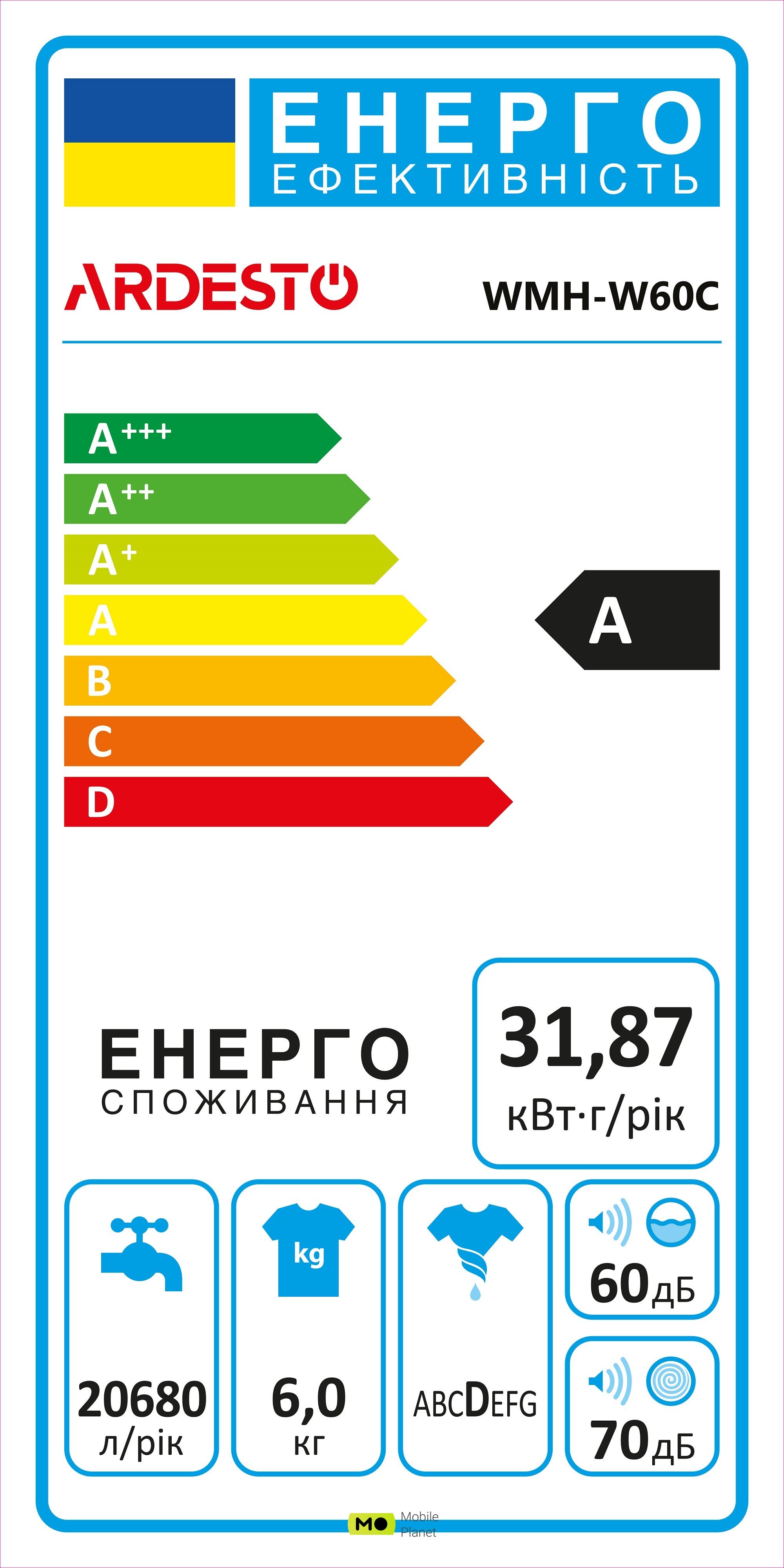 ARDESTO WMH-W60C (WMH-W60C) Тип: пральна / напівавтоматічна;