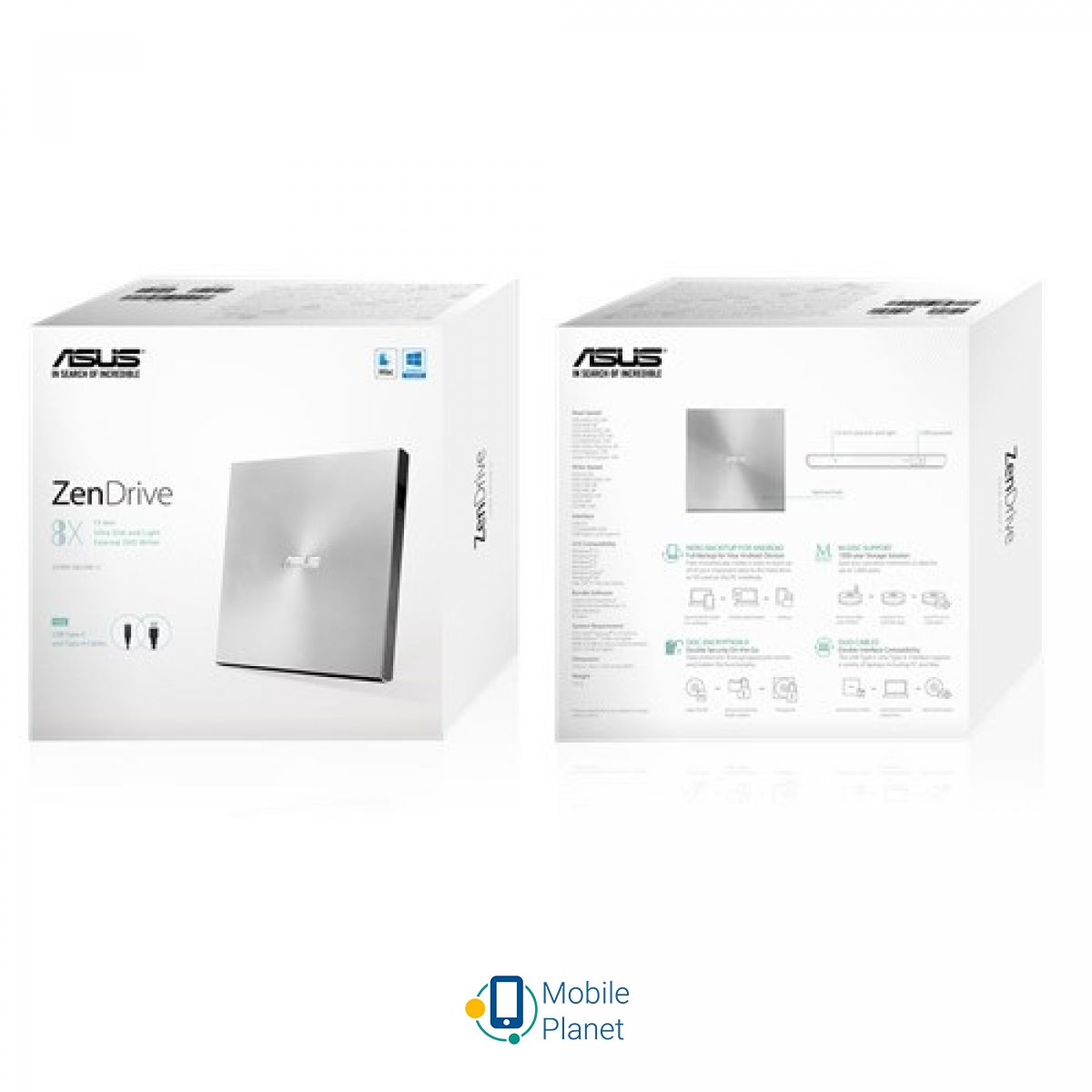 ASUS ZenDrive U9M (SDRW-08U9M-U/SIL/G/ASP2G) (Silver) (UA) Тип: зовнішній slim; Типи носіїв: