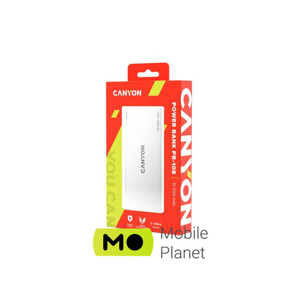 Canyon PB-108 10000mAh, Input 5V/2A, Output 5V/2.1A(Max), white (CNE-CPB1008W) (UA) Місткість: 10000 mAh; Призначення: