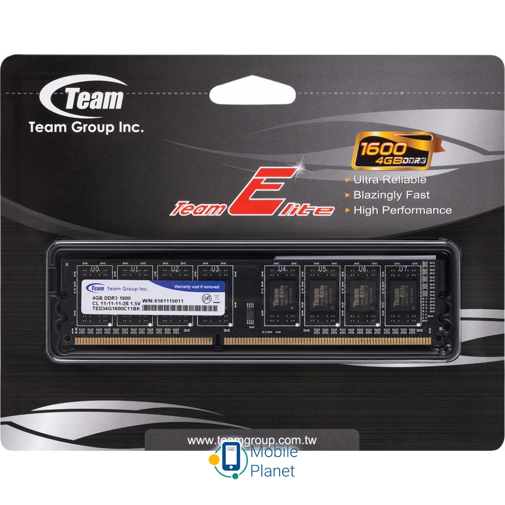 DDR3 4GB 1600 MHz Team (TED34GM1600C1101 / TED34G1600C1101) Тип пам'яті: DDR 3; Обсяг пам'яті: 4