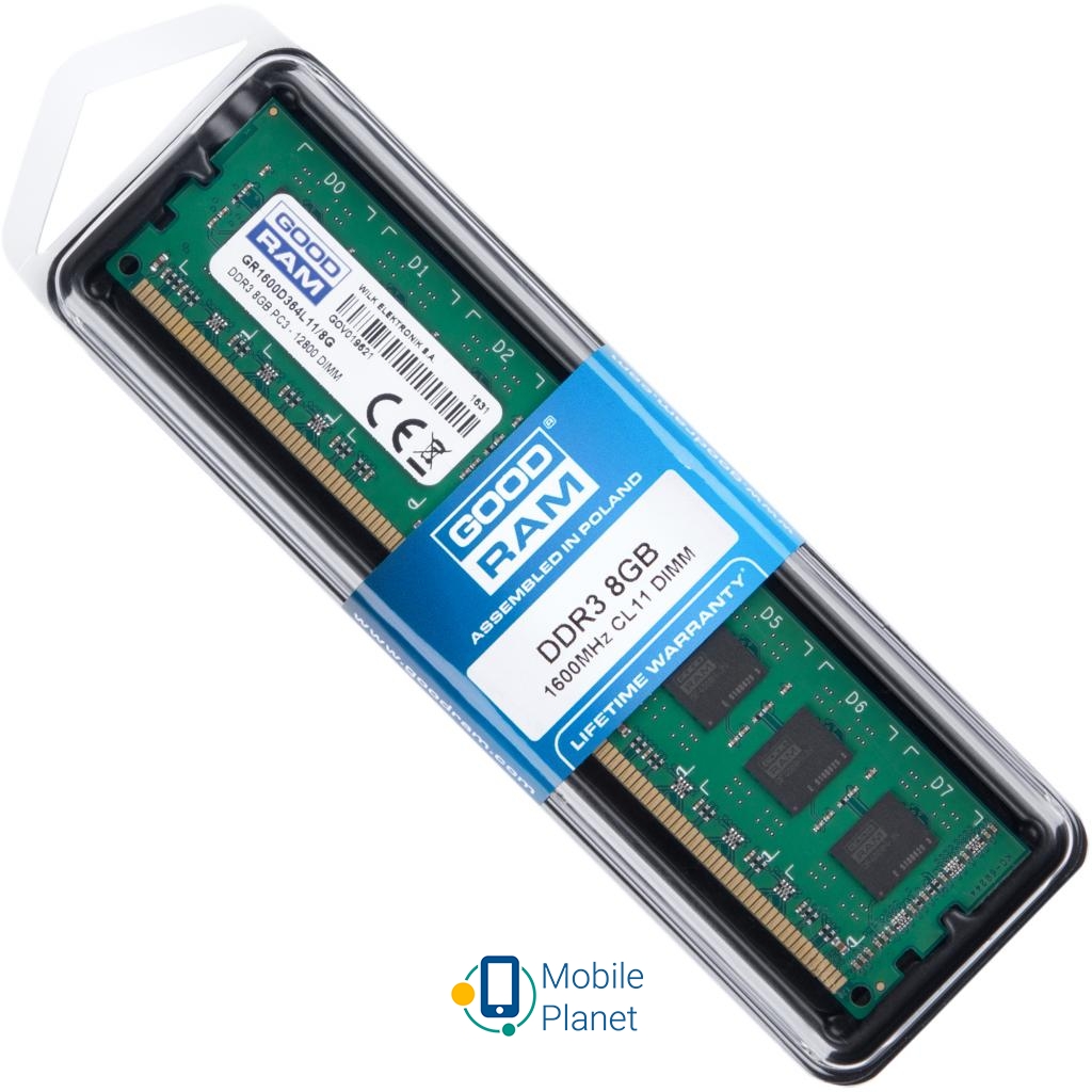 DDR3L 8GB 1600 MHz GOODRAM (GR1600D364L11/8G / GR1600D3V64L11/8G) Тип пам'яті: DDR 3; Обсяг пам'яті: 8