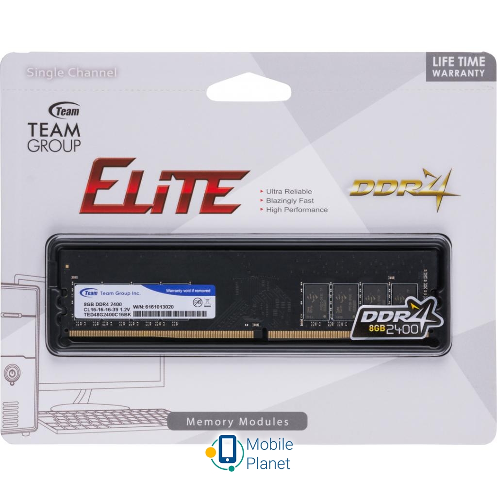 DDR4 8GB 2400 MHz Elite Team (TED48G2400C1601) Тип пам'яті: DDR 4; Обсяг пам'яті: 8