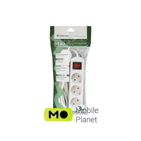 Defender S330 3.0 m 3 роз switch white (99234) (UA) Тип: подовжувач; Сумарна