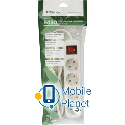 Defender S430 3.0 m 4 роз switch white (99238) (UA) Тип: удлинитель; Суммарная