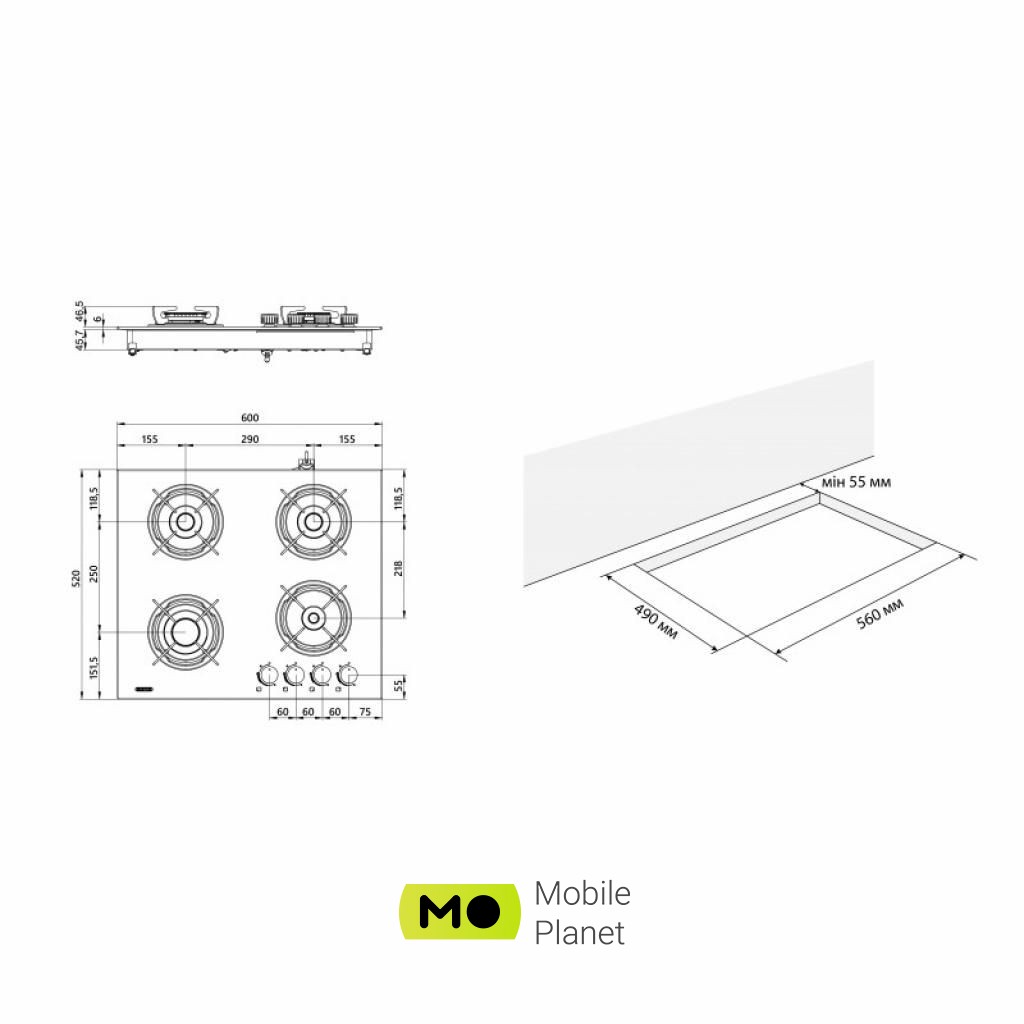ELEYUS ASTRA 60 BL EF (UA) Тип поверхні: газова; Матеріал