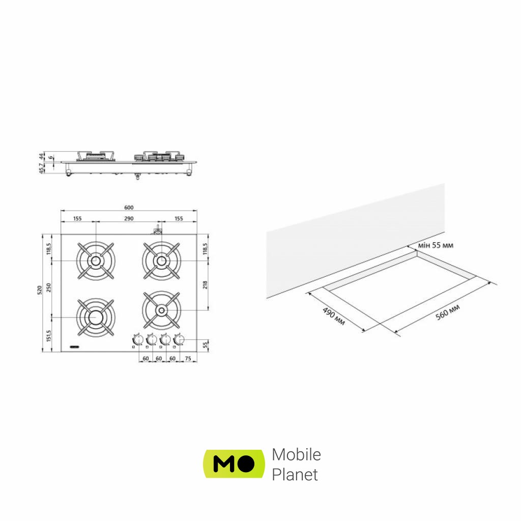 ELEYUS ASTRA 60 WH CF (UA) Тип поверхні: газова; Матеріал