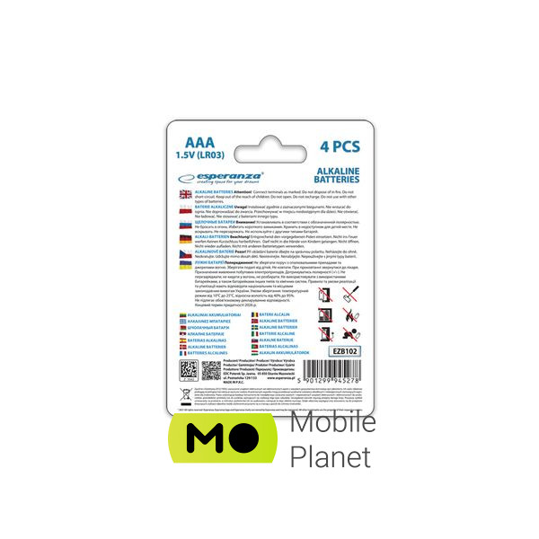 Esperanza AAA LR03 Alkaline * 4 (EZB102) (UA) Форма батареї циліндрична