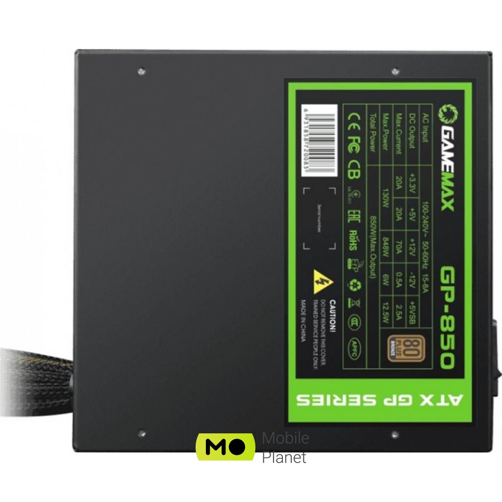 GAMEMAX 850W (GP-850) (UA) Сертифікація 80 PLUS 80 PLUS Bronze
