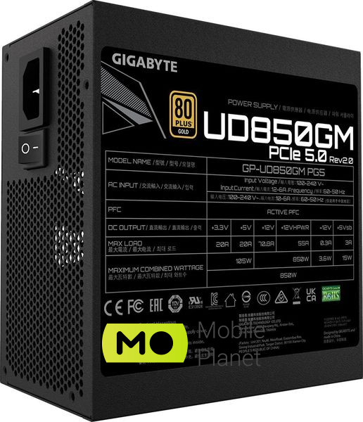 Gigabyte UD850GM PG5 850W 80 Plus Gold (GP-UD850GM PG5 rev 2.0 ATX 3.0) EU Эффективность  90% при нагрузке 230 В и 20-100%.