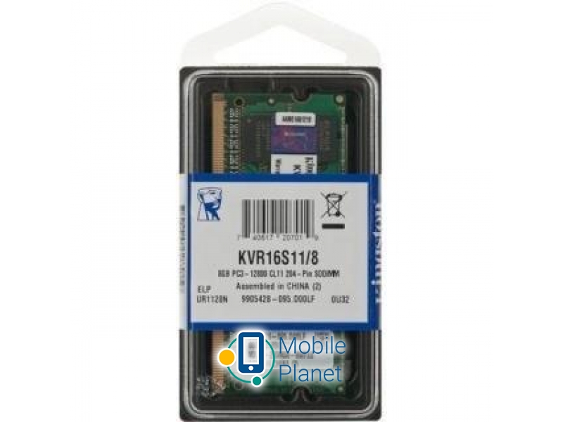 Kingston 8GB 1600MHz CL11 DDR3L 1.35V (KVR16LS11/8) EU Тип пам'яті: DDR3 SODIMM; Обсяг: 8 Гб (1x8