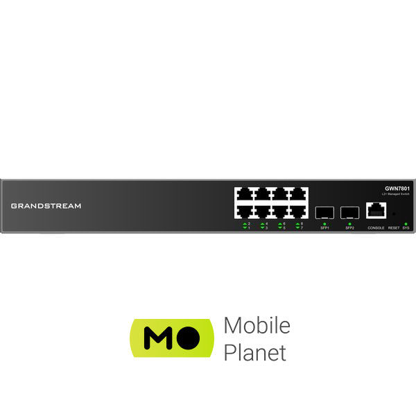 Комутатор мережевий Grandstream GWN7801 (UA) Порти 2 x 1G SFP, 8х10 /100/1000 Мбіт / с Gigabit , 1 х console port