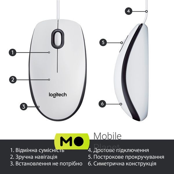 Logitech M100 USB White (910-006764) (UA) Тип: Классические; Подключение: