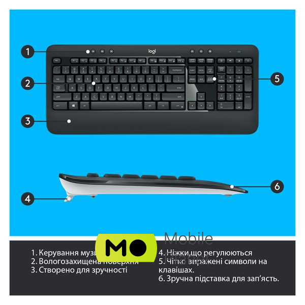 Logitech MK540 Advanced Wireless UA Black (920-008685) (UA) Длина шнура 1.5 м
