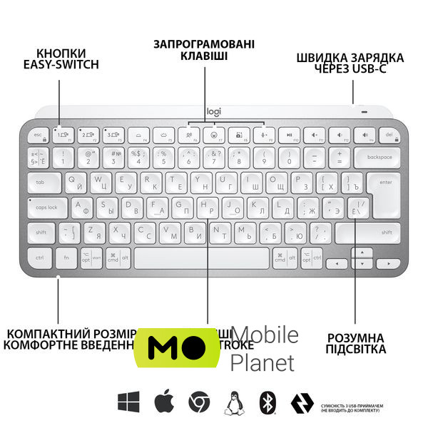 Logitech MX Keys Mini Wireless Illuminated UA Pale Grey (920-010499) (UA) Раскладка клавиатуры английская, украинская