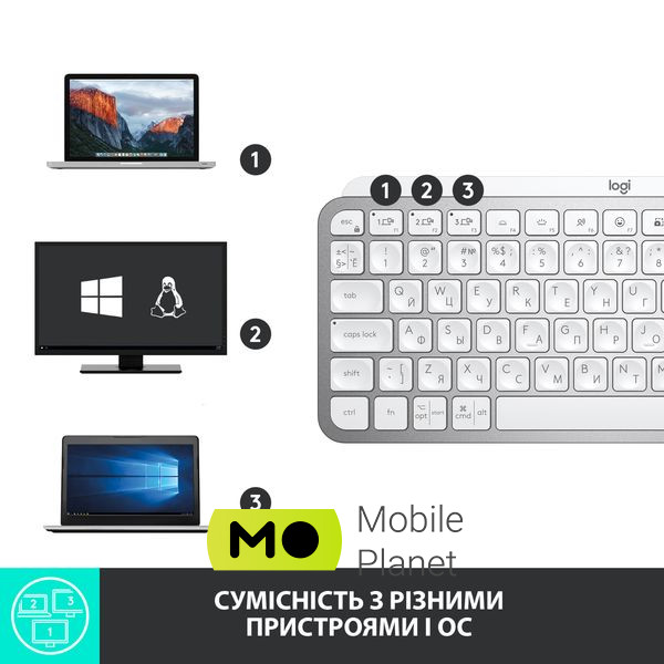 Logitech MX Keys Mini Wireless Illuminated UA Pale Grey (920-010499) (UA) Интерфейс подключения радио, Bluetooth