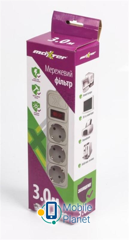 Maxxter (SPM3-G-10G) 3 розетки, 3м, белый Розеток: 3; Длина кабеля, м: 3;
