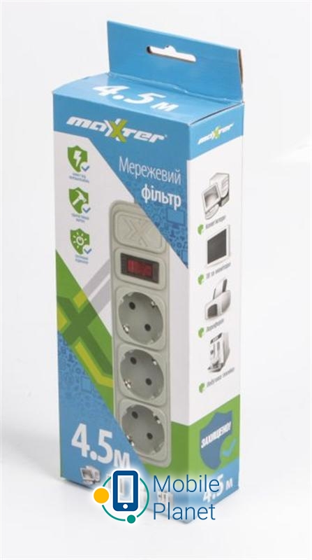 Maxxter (SPM3-G-15G) 3 розетки, 4.5м, білий Розеток: 3; Довжина кабелю, м: 4.5;