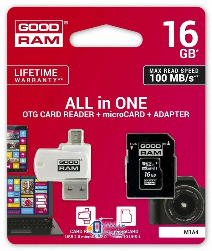 MicroSDHC 16GB UHS-I Class 10 Goodram + SD-adapter + OTG Card reader (M1A4-0160R12) (UA) Тип карти: microSDHC; Обсяг пам'яті: 16