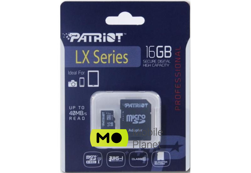 MicroSDHC 16GB UHS-I Class 10 Patriot LX + SD-adapter (PSF16GMCSDHC10) Тип картки: microSDHC; Об'єм пам'яті: 16