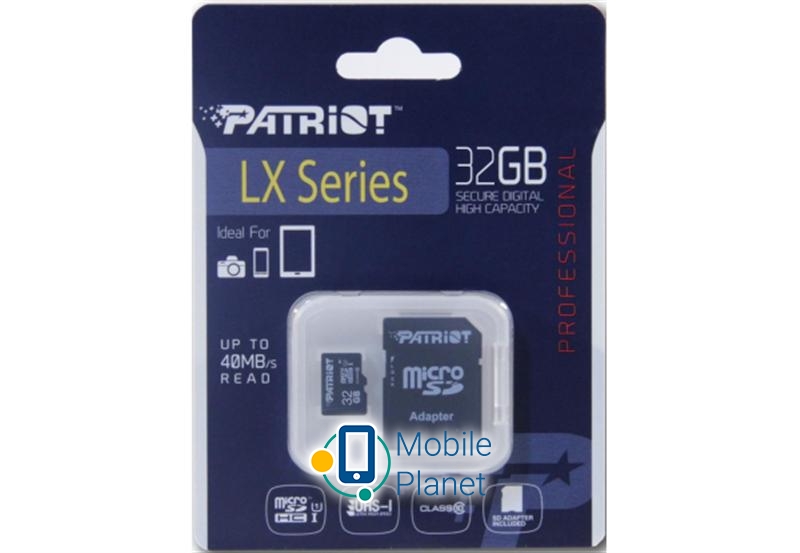 MicroSDHC 32GB UHS-I Class 10 Patriot LX + SD-adapter (PSF32GMCSDHC10) Об'єм пам'яті (GB): 32; Тип карт: