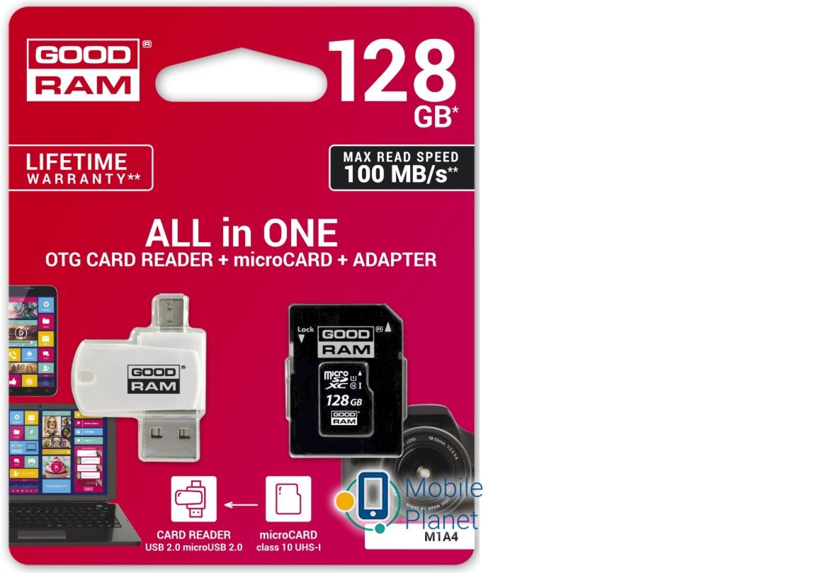 MicroSDXC 128GB UHS-I Class 10 Goodram + SD-adapter + OTG Card reader (M1A4-1280R12) Скорость записи 10 МБ/с