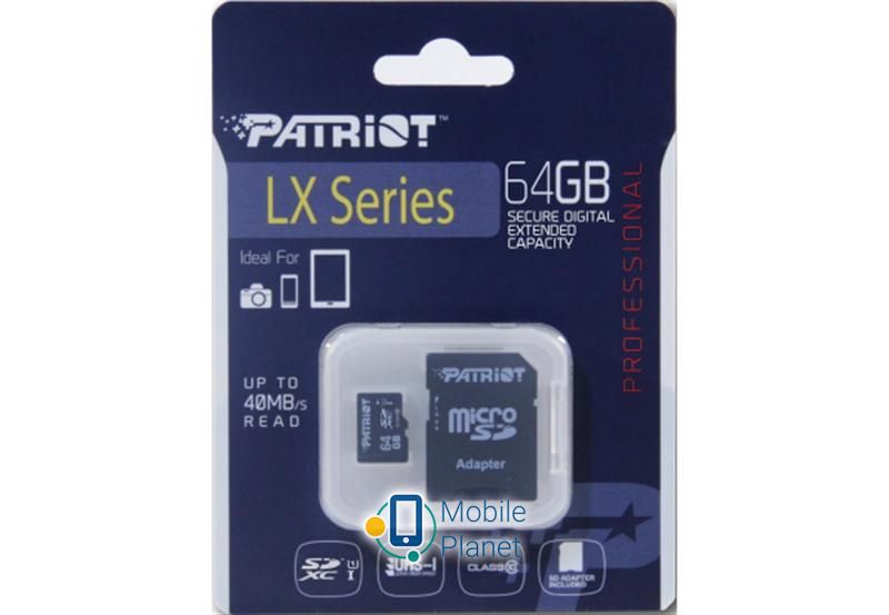 MicroSDXC 64GB UHS-I Class 10 Patriot LX + SD-adapter (PSF64GMCSDXC10) (UA) Швидкість запису: 10 МБ / с;