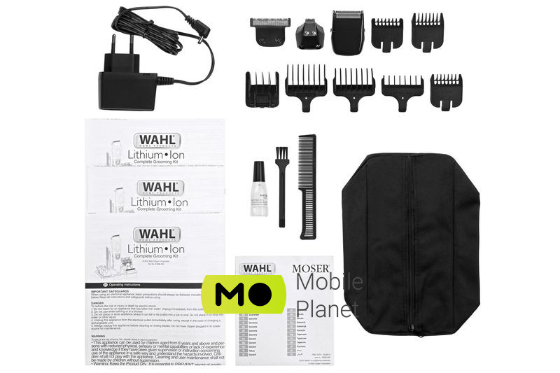 Moser WAHL 09854-616 Комплектація підставка для аксесуарів; олія /для змащування ножів; щіточка для чищення; насадка-гребінь/гребінець для бороди; триммер/повнорозмірний/вузький; насадки /для бороди та вусів/для носа та вух