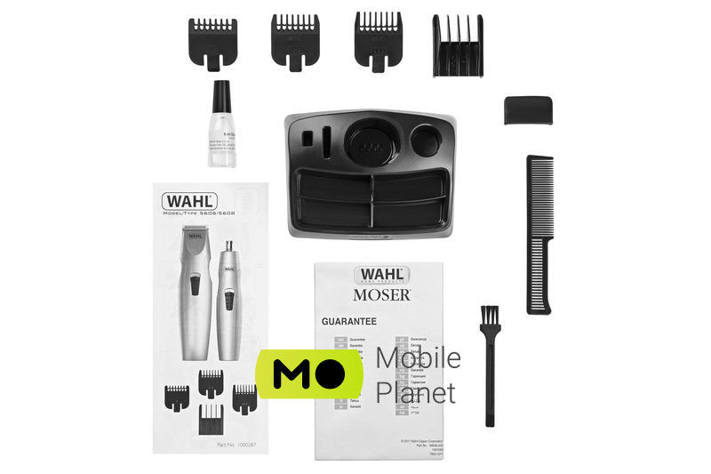 Moser Wahl Mustache & Beard Combo 05606-308 (UA) Комплектация масло; щеточка для чистки; насадки; гарантийный талон; подставка для хранения; триммер для усов и бороды; триммер для носа/ушей