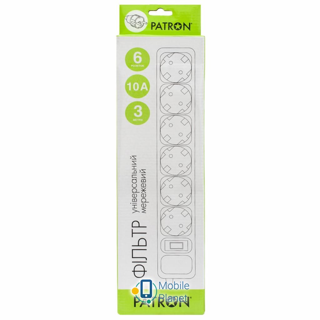 PATRON 3m (SP-1063W), 6 розеток White (EXT-PN-SP-1063W) (UA) Номинальное напряжение: ~220 / 230 В;