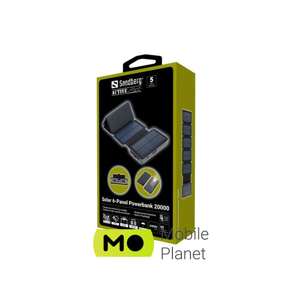 Sandberg 20000mAh, Solar 6-Panel/7.5W, USB-C output(20W), USB-A*2/(18W Max) (420-73) (UA) Ёмкость: 20000 mAh; Назначение: для