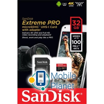 SANDISK 32GB microSD class 10 V30 A1 UHS-I U3 4K Extreme Pro (SDSQXCG-032G-GN6MA) (UA) Обсяг пам'яті: 32 Gb; Стандарт
