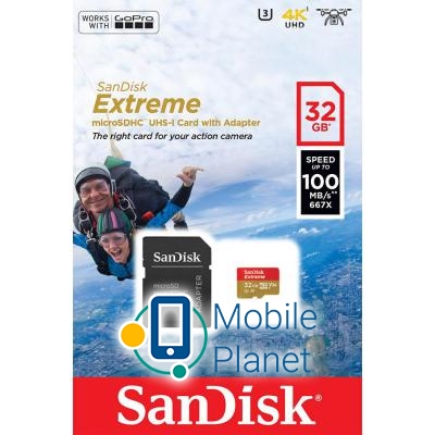 SANDISK 32GB microSD class 10 V30 A1 UHS-I U3 Extreme Action (SDSQXAF-032G-GN6AA) (UA) Объем памяти 32 Gb