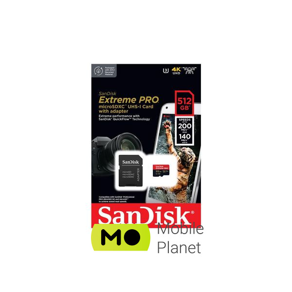 SanDisk 512 GB microSDXC UHS-I U3 Extreme Pro+SD Adapter (SDSQXCD-512G-GN6MA) (UA) Тип картки пам'яті microSDXC; Об'єм