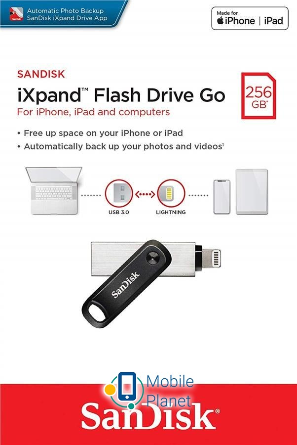 SanDisk iXpand Go USB 3.0 /Lightning Apple (SDIX60N-256G-GN6NE) (UA) Интерфейс подключения USB 3.0; Lightning
