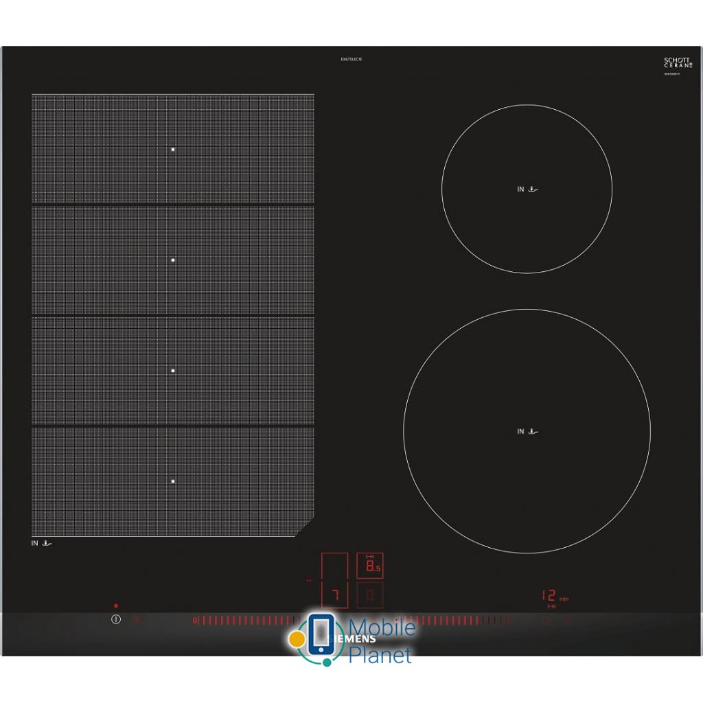 Siemens EX 675LEC1E Діаметр і потужність конфорок Задня ліва 2.2 кВт, Задня права 1.4 кВт, Передня права 2.2 кВт, Передня ліва 2.2 кВт
