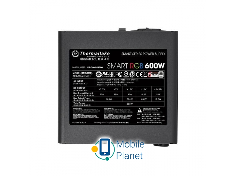 Thermaltake 600W Smart RGB 80+ BOX (PS-SPR-0600NHSAWE-1) EU Максимальная мощность, Вт: 600;
