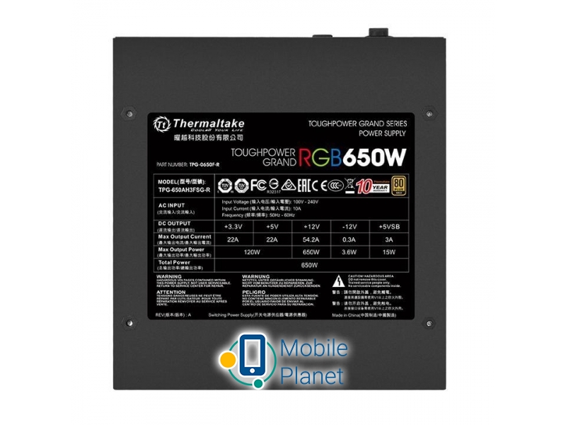Thermaltake 650W Toughpower Grand Modular RGB 80+ Gold BOX (PS-TPG-0650FPCGEU-R) EU Максимальная мощность, Вт: 650;