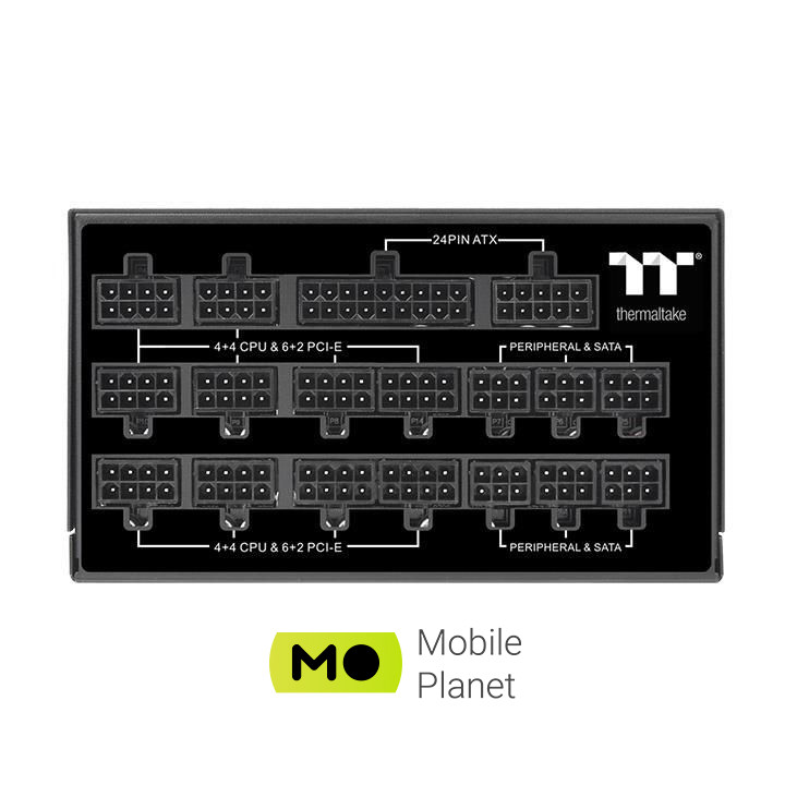 Thermaltake Toughpower TF1 1550 Titanium (PS-TPD-1550FNFATE-1) EU Рознімання  CPU 4 + 4 (8) PIN-код - 1 елемент; CPU 8-контактний – 1 елемент; PCI-E 2.0 6 + 2 (8) PIN-код – 4 шт.; PCI-E 8-контактний – 4 шт.; MOLEX 4-контактний – 8 шт.; SATA – 16 шт.; EPS12V 24-контактний – 1 шт.; FDD - 1 елемент