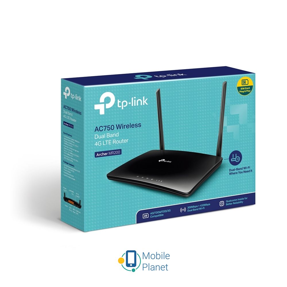 TP-Link TL-MR200 AC750 4G LTE (ARCHER-MR200) (UA) Інтерфейс переключається LAN WAN 1 x 10 100 Мбіт; 10100BASE-TX 3 шт; Слот для SIM-карти